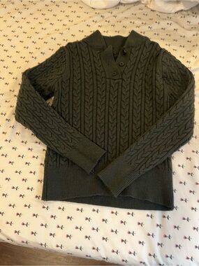 Olive Cable-Knit Button-Neck Sweater
